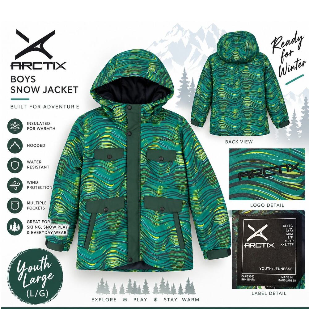 Arctix Youth Large Boys Ski Jacket Green Wave Print Insulated Hooded Snow Coat